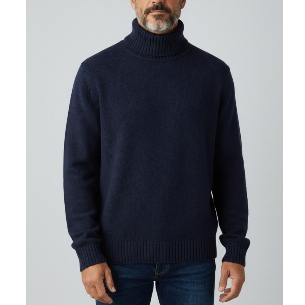 Quince Mens L NWT Chunky Organic Cotton Ribbed Turtleneck Sweater Navy Fisherman